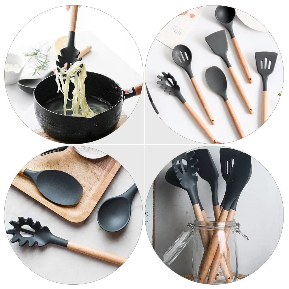 NONSTICK KITCHEN UTENSILS - SILICONE SPAGHETTI SPOON PASTA WITH WOODEN HANDLE