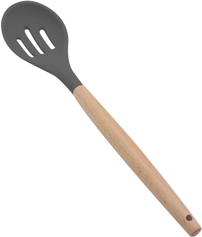NONSTICK KITCHEN UTENSILS - SILICONE SLOTTED SPOON WITH WOODEN HANDLE