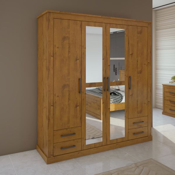 [A0330400008] RUSTIC 4 DOORS WARDROBE W|MIRROR